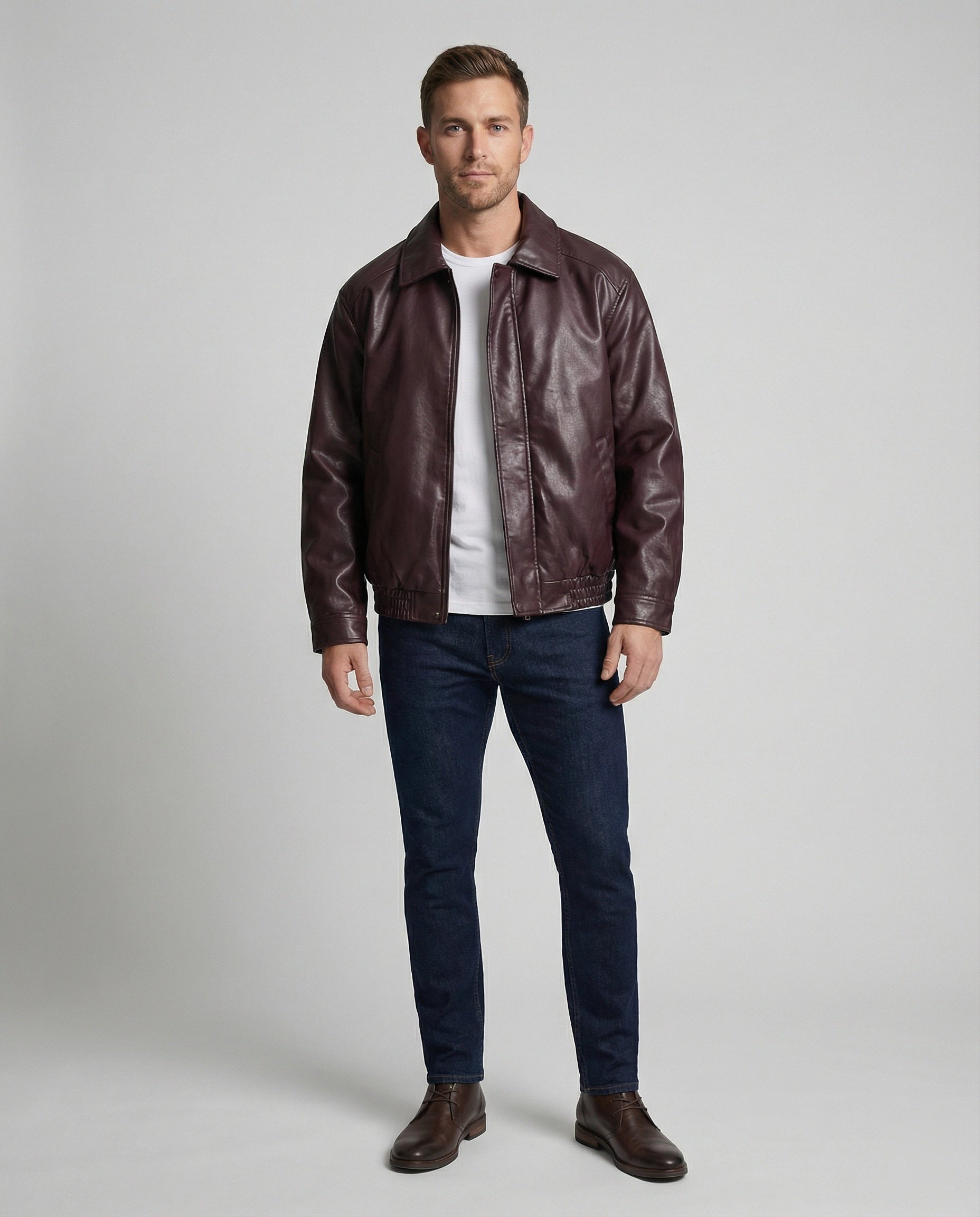 Herren oversized Lederimitat-Zipjacke mit Hemdkragen kastiger Silhouette und Einschubtaschen R&B