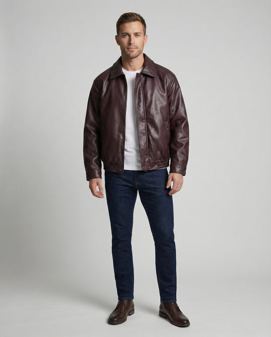 Herren oversized Lederimitat-Zipjacke mit Hemdkragen kastiger Silhouette und Einschubtaschen R&B