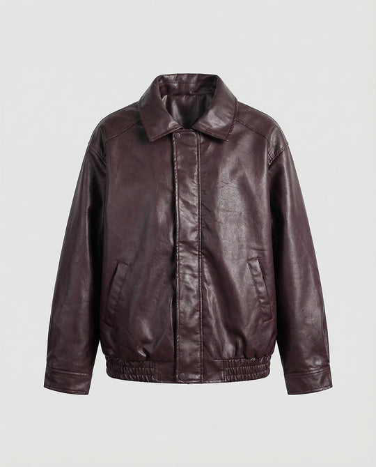 Herren oversized Lederimitat-Zipjacke mit Hemdkragen kastiger Silhouette und Einschubtaschen R&B