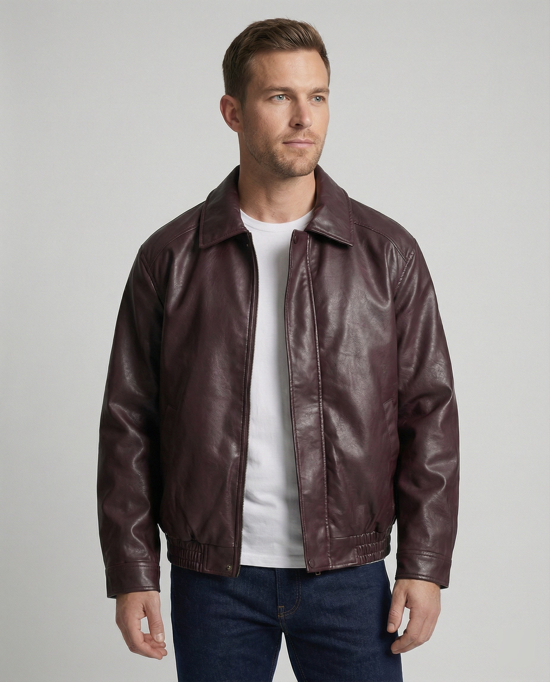 Herren oversized Lederimitat-Zipjacke mit Hemdkragen kastiger Silhouette und Einschubtaschen R&B