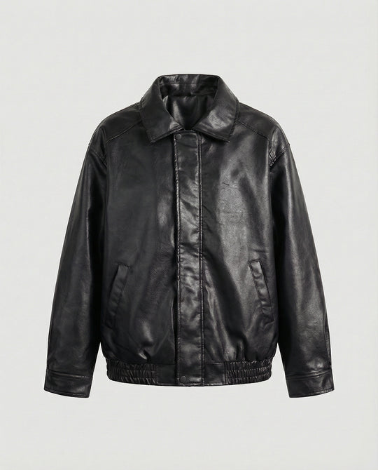 Herren oversized Lederimitat-Zipjacke mit Hemdkragen kastiger Silhouette und Einschubtaschen R&B
