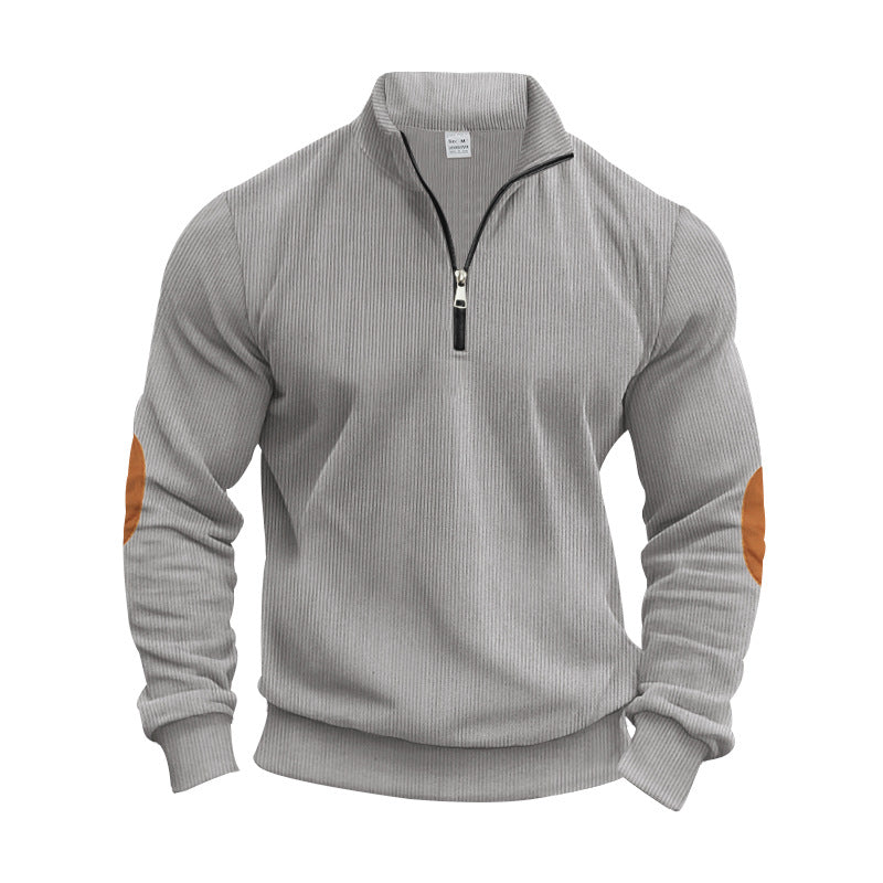 Herren nan strukturierter Baumwoll-Strickpullover mit halbem Reißverschluss und Ellenbogenbesatz R&B