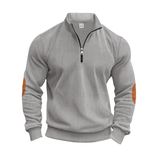 Herren nan strukturierter Baumwoll-Strickpullover mit halbem Reißverschluss und Ellenbogenbesatz R&B