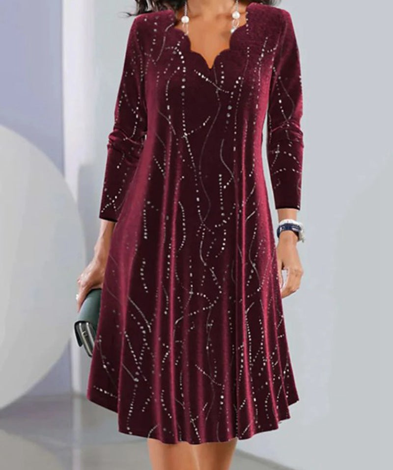 Damen nan Samt-A-Linienkleid mit geschwungener Ausschnittkante und Strassbesatz R&B