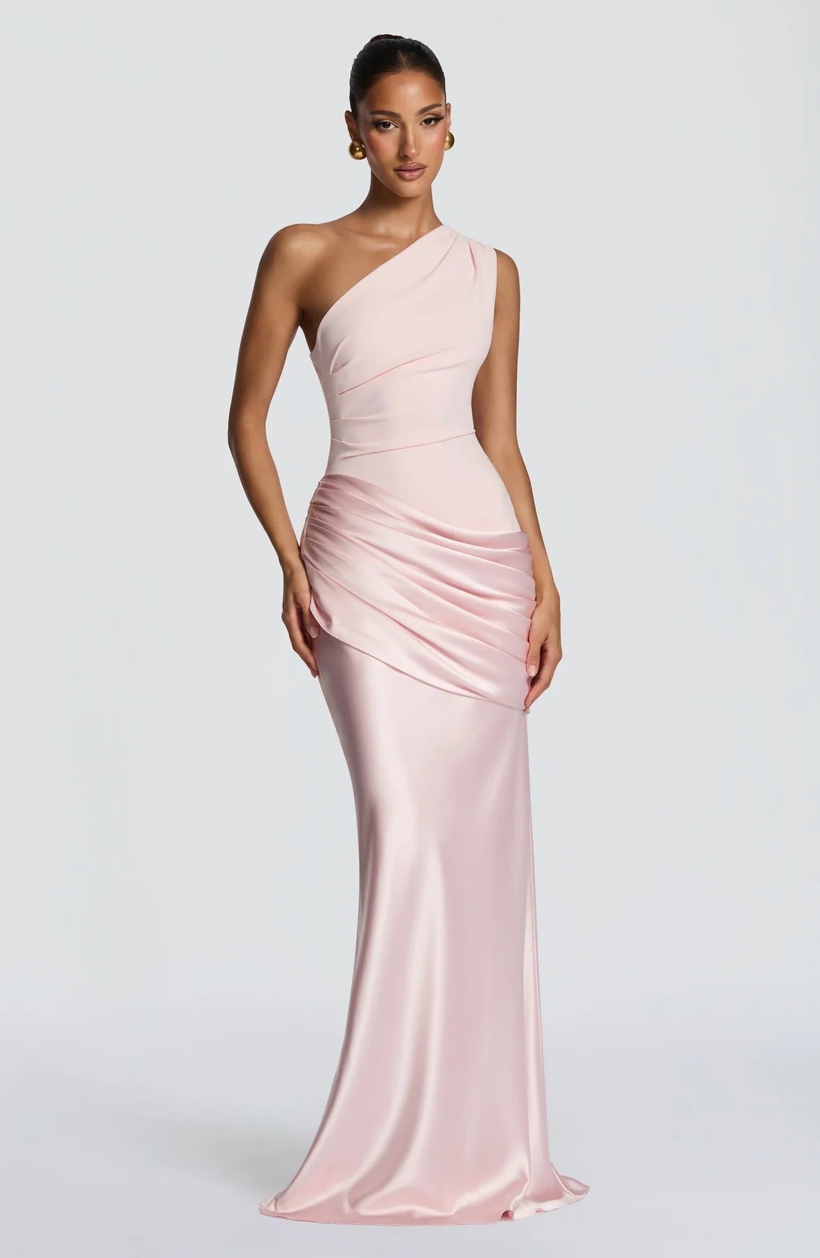 Damen elegantes asymmetrisches Satin-Abendkleid mit Drapé-Design R&B