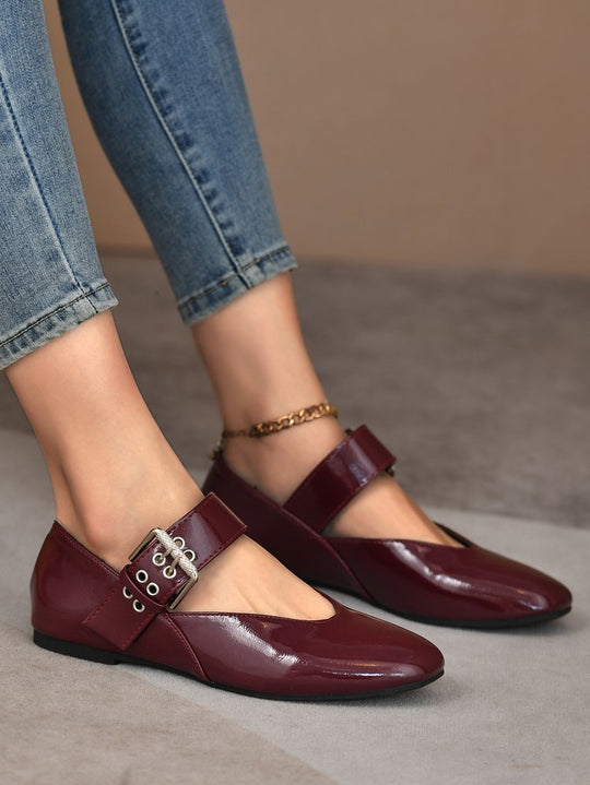 Damen elegante Flachschuhe mit modischem Riemchen und glänzender Oberfläche R&B