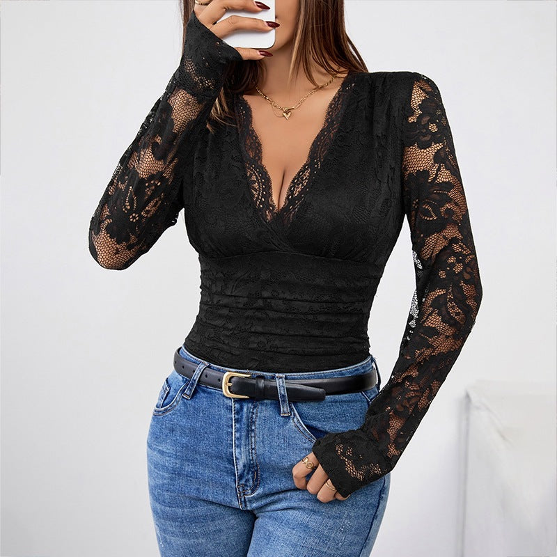 Damen Spitzenbluse mit tiefem V-Ausschnitt und langen Ärmeln R&B