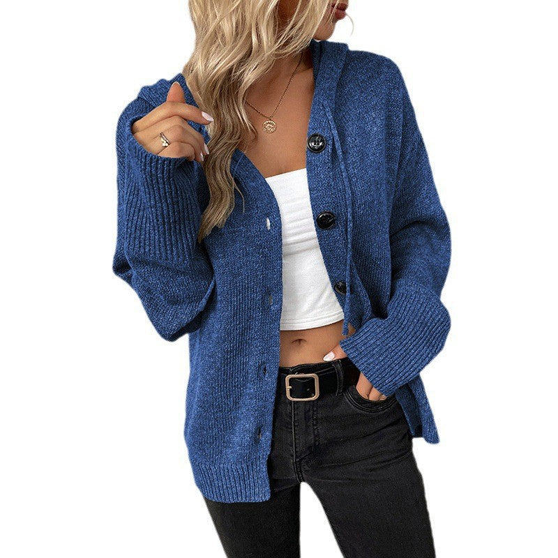 Damen lässige Strickjacke mit Kapuze und Knopfverschluss R&B