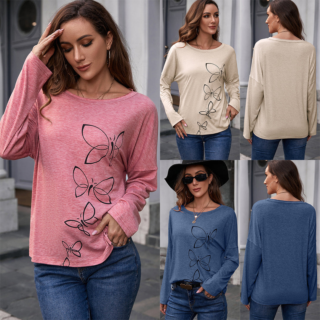Damen lässiges Longsleeve mit Schmetterlingsdruck und weit geschnittenen Ärmeln R&B