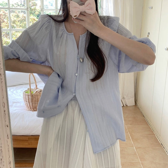 Damen Relaxed Fit Puffärmel Button-Up Bluse R&B