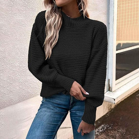 Damen modischer Strickpullover mit hohem Kragen und strukturiertem Muster R&B