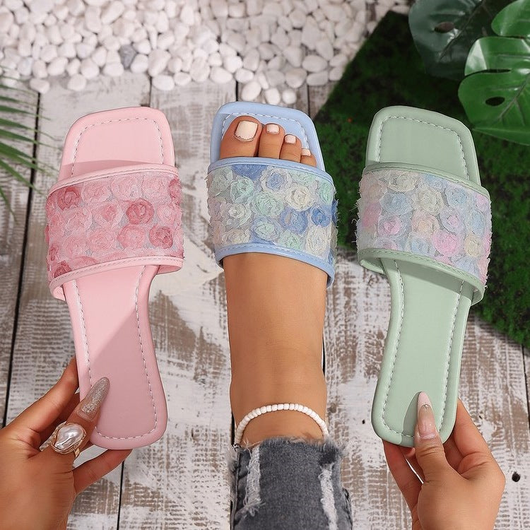 Damen Flauscher Pantoletten mit floralen Verzierungen R&B