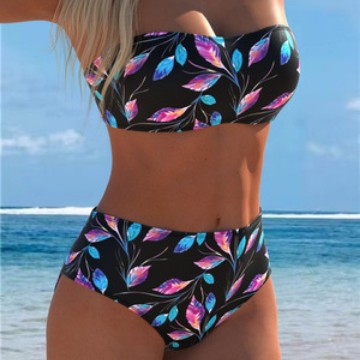Damen Bandeau-Bikini mit hohem Taillenschnitt und kontrastierendem Blumendesign R&B