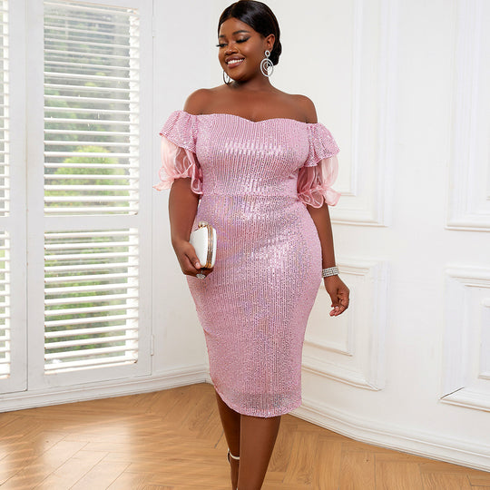 Damen Off-Shoulder Kleid mit funkelndem Paillettenüberzug und transparenten Ärmeln R&B