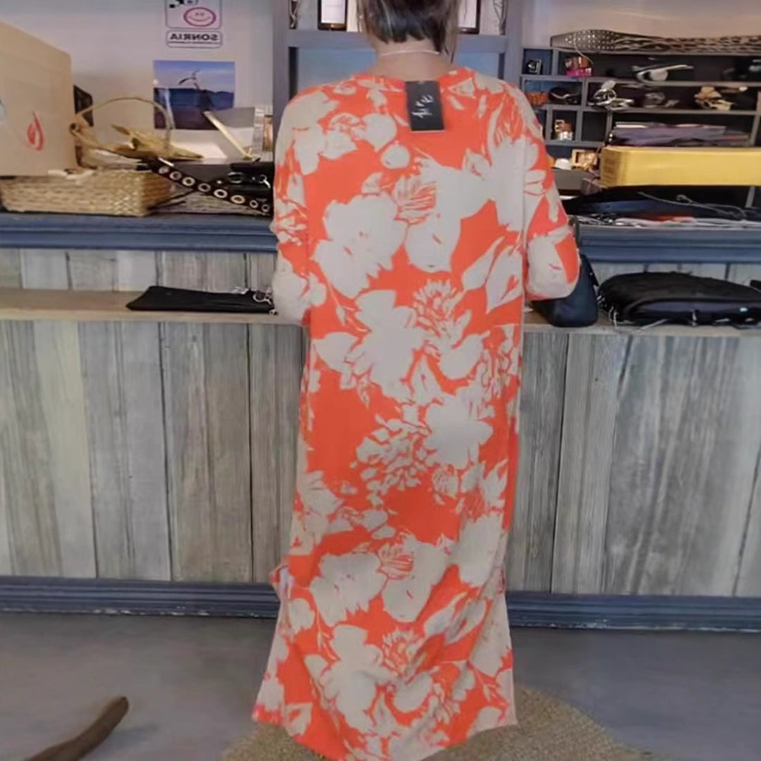 Damen nan fließendes A-Linien-Maxikleid mit Dreiviertelärmeln Rundhalsausschnitt Seitenschlitz und Eingrifftaschen R&B