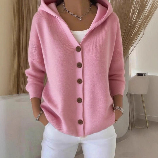 Damen Kapuzenstrickjacke mit Praktischen Knopfdetails und Lässigem Schnitt R&B