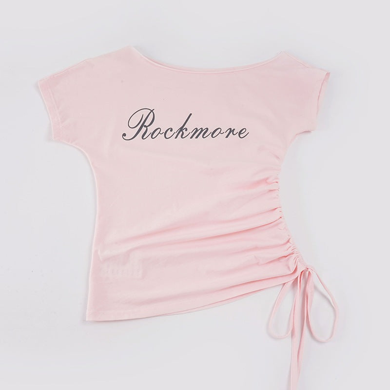 Damen Off-Shoulder T-Shirt mit Raffungen und modischem Schriftzug R&B