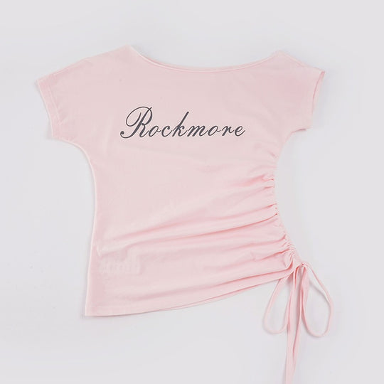 Damen Off-Shoulder T-Shirt mit Raffungen und modischem Schriftzug R&B