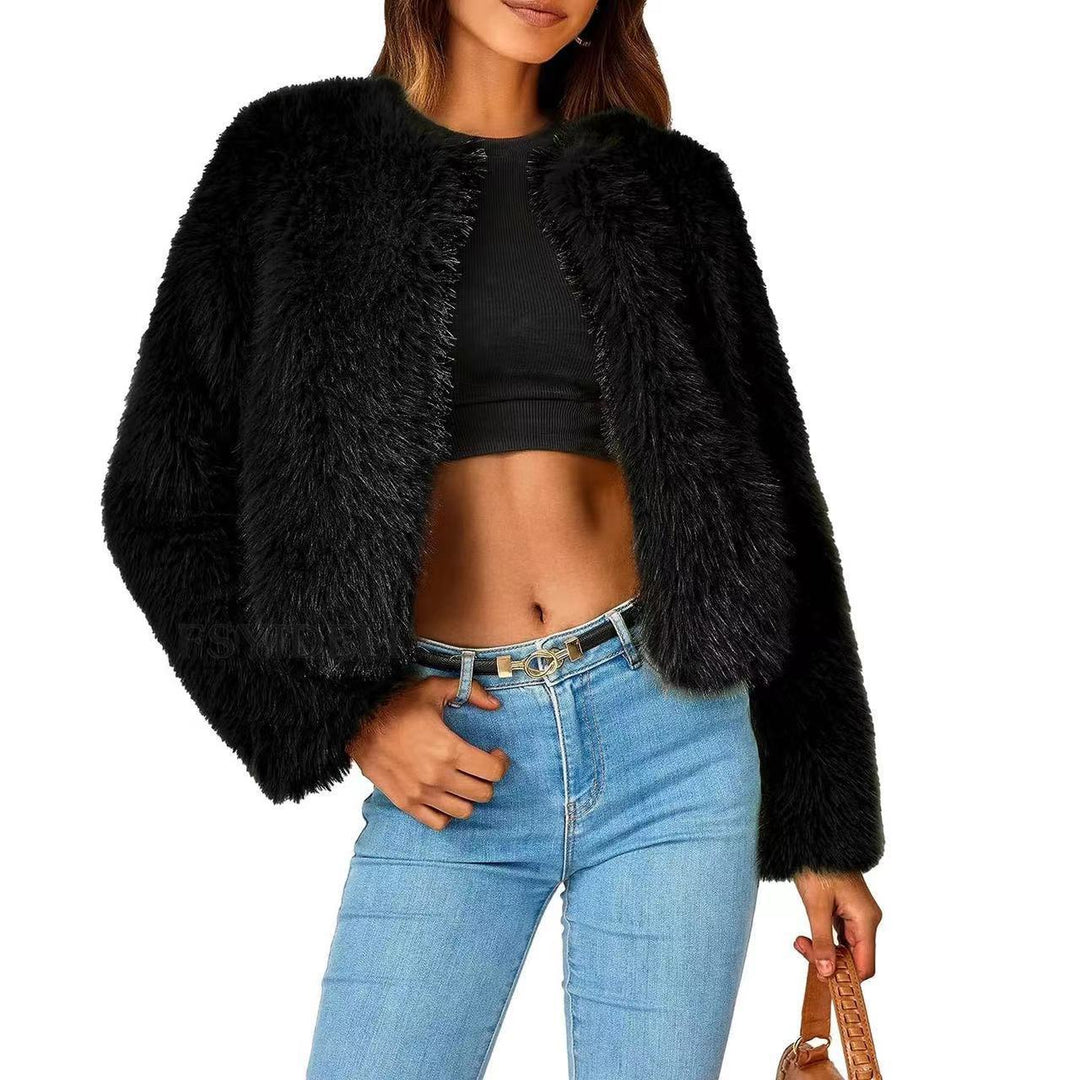 Damen Kuschelige Kurze Pelzjacke R&B