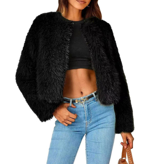 Damen Kuschelige Kurze Pelzjacke R&B