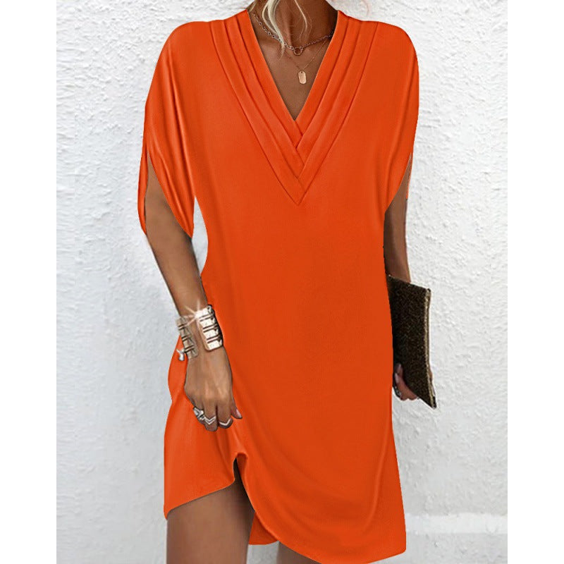 Damen elegantes V-Ausschnitt Kleid mit seitlichen Schlitzen und lässigem Schnitt R&B