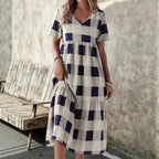 Damen Langarmkleid mit modischem Karomuster und fließendem Schnitt R&B