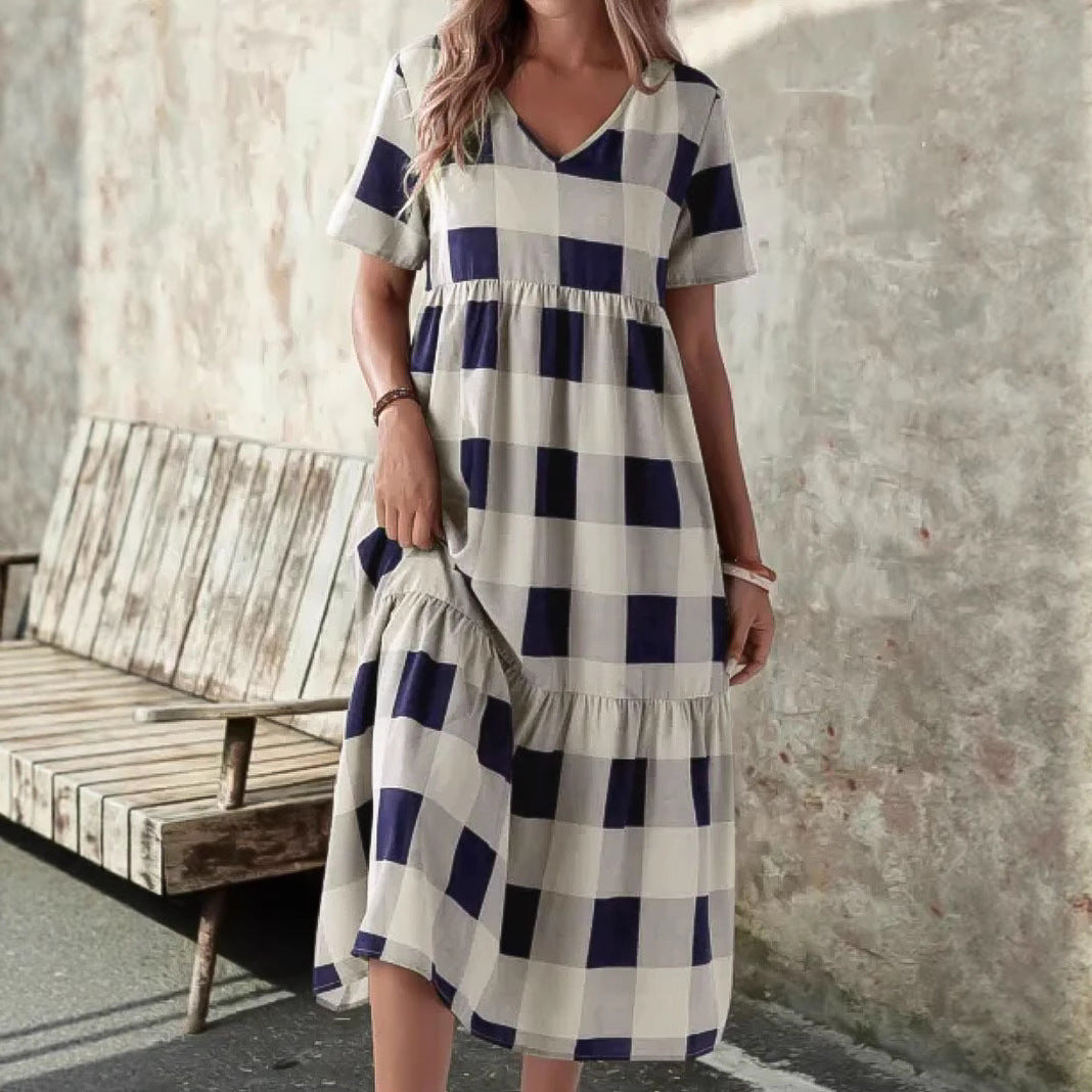 Damen Langarmkleid mit modischem Karomuster und fließendem Schnitt R&B
