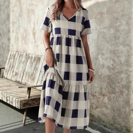 Damen Langarmkleid mit modischem Karomuster und fließendem Schnitt R&B