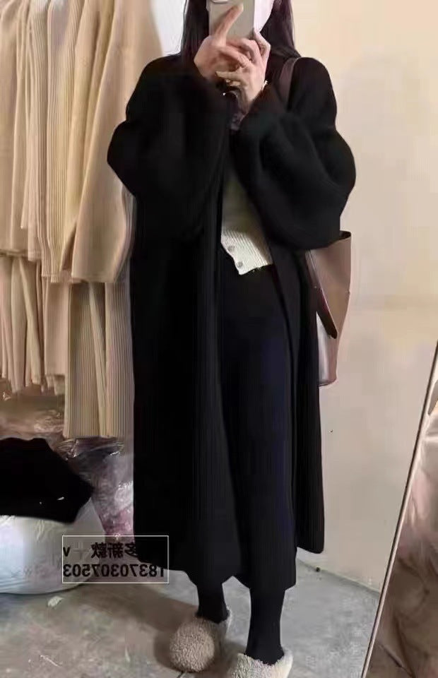 R&B | Strickjacke Mantel Übergröße Passform Wollstrick Offene Vorderseite Knöchellänge