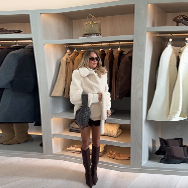 Damen Flauschige Kurzarmpulloverjacke mit breitem Gürtel R&B