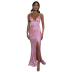 Damen Elegantes Satin-Maxikleid mit schmalem Schnitt und verführerischem V-Ausschnitt R&B