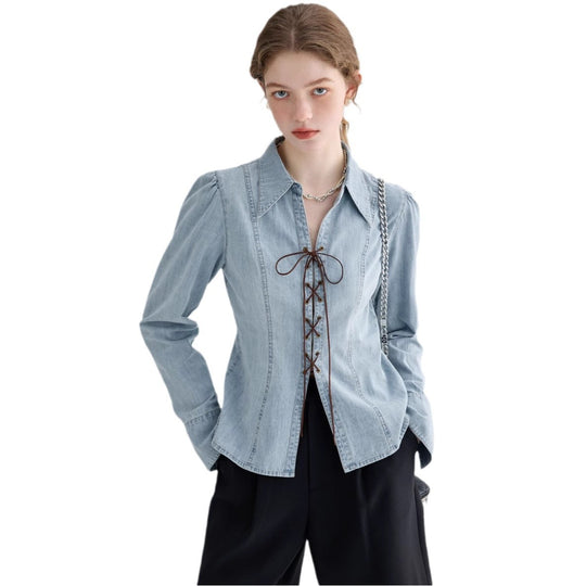 Damen Jeansbluse mit verspielten Schnürdetails und elegantem Schnitt R&B