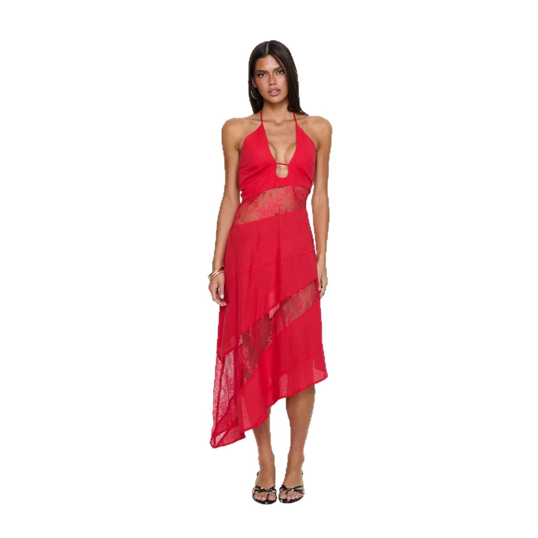 Damen Halterkleid mit transparenten Einsätzen und asymmetrischem Saum R&B