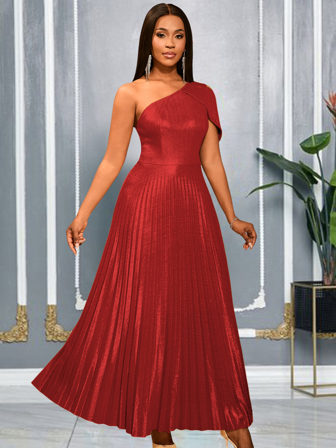 Damen Elegantes Maxi-Kleid mit asymmetrischem Schulterdesign und schimmerndem Plisseestoff R&B