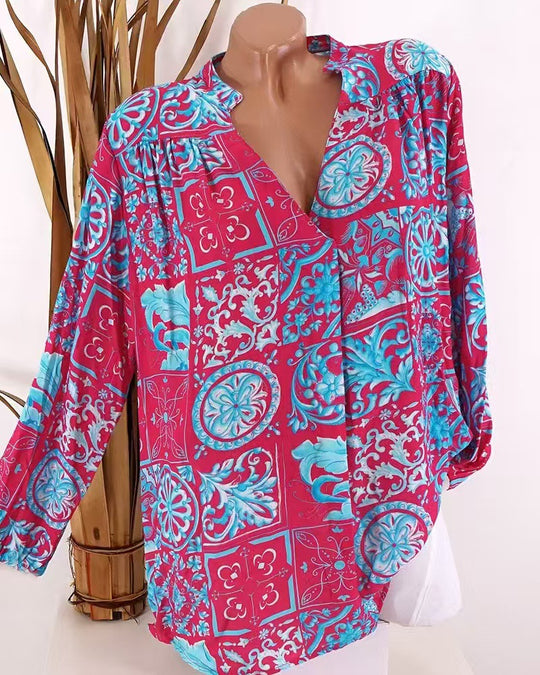 Damen nan Viskose-Tunika-Bluse mit V-Ausschnitt, Stehkragen und gerafften Schultern R&B