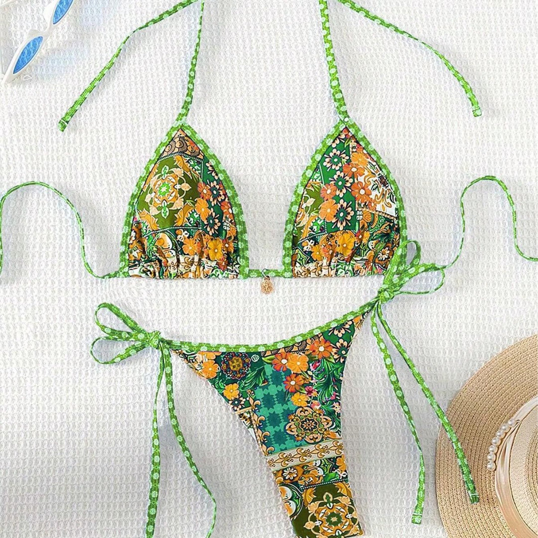Damen Triangel-Bikini mit buntem floralen Mustermix und verstellbaren Trägern R&B