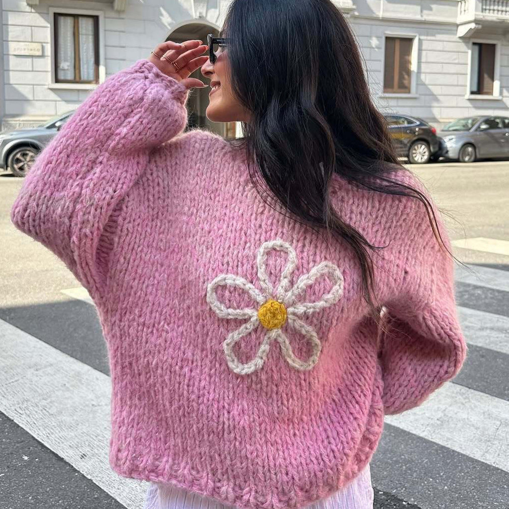 Damen lässiger Strickpullover mit floralem Motiv und oversized Schnitt R&B