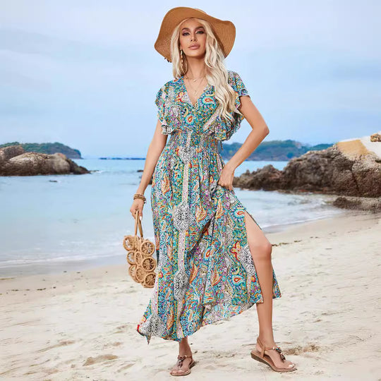 Damen Maxikleid mit verspieltem Mustermix und Rüschendetails R&B