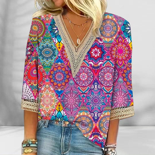 Damen nan locker fallende Mandala-Patchwork-Tunika mit tiefem V-Ausschnitt und Häkelspitzenbesatz R&B