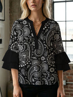 Damen Bluse mit voluminösen Flügelärmel und intensivem Blattmuster
