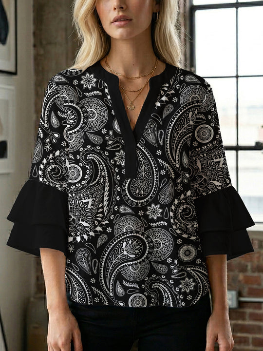 Damen Bluse mit voluminösen Flügelärmel und intensivem Blattmuster R&B