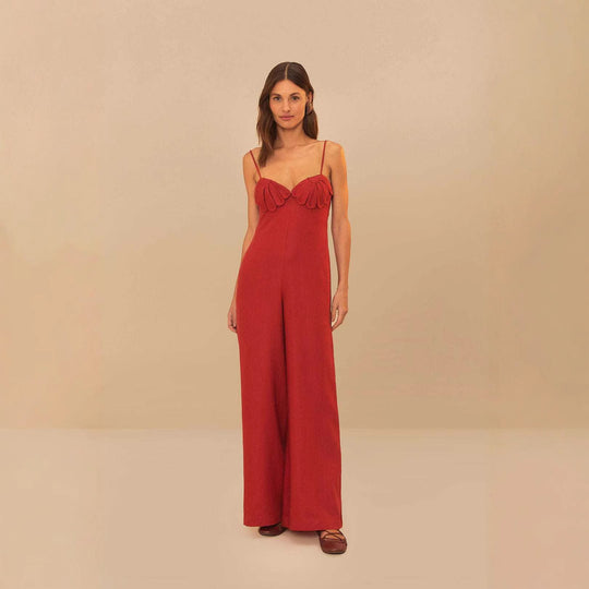 Damen Eleganter Jumpsuit mit voluminösen Rüschendetails und fließendem Schnitt R&B
