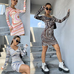 Damen Figurbetontes Langarmkleid mit einzigartigem Muster R&B