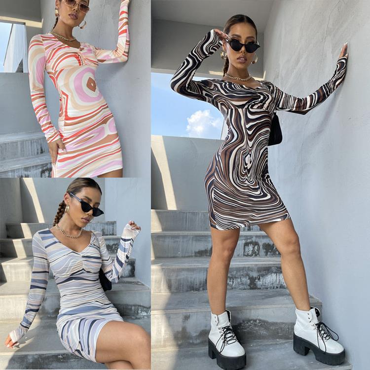 Damen Figurbetontes Langarmkleid mit einzigartigem Muster R&B