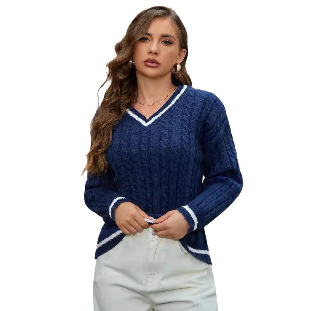 Damen Strickpullover mit V-Ausschnitt und klassischem Zopfdesign R&B