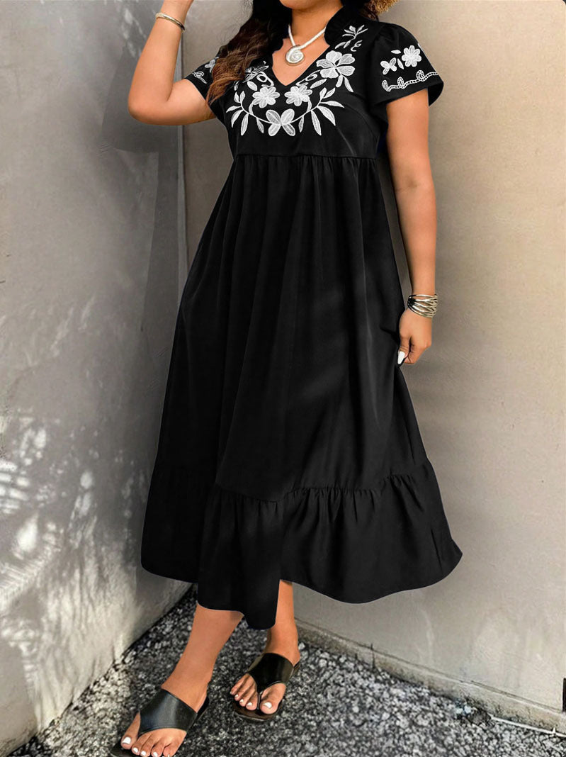 Damen Maxikleid mit floralem Stickdesign und voluminösem Rock R&B