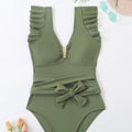Damen Eleganter Einteiler Badeanzug mit Rüschen und Bindegürtel R&B
