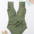 Damen Eleganter Einteiler Badeanzug mit Rüschen und Bindegürtel R&B