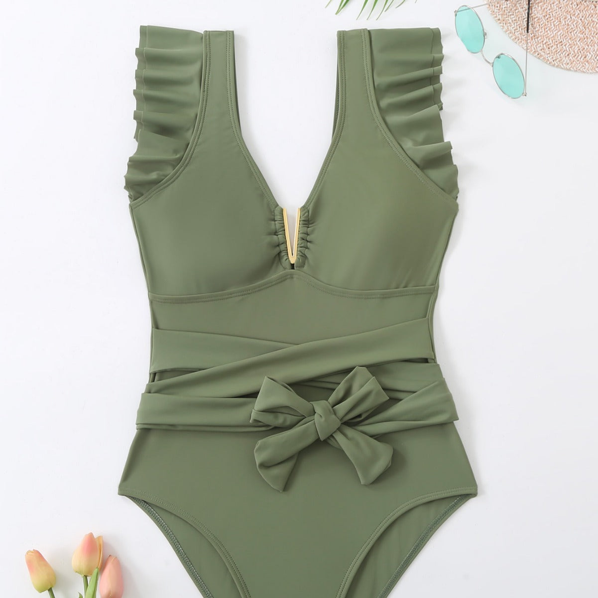 Damen Eleganter Einteiler Badeanzug mit Rüschen und Bindegürtel R&B