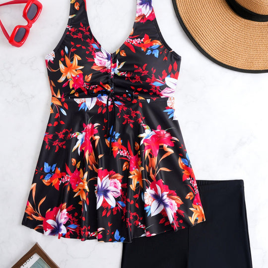 Damen Badeanzug mit höhenverstellbarem Kordelzug und floralem Design R&B